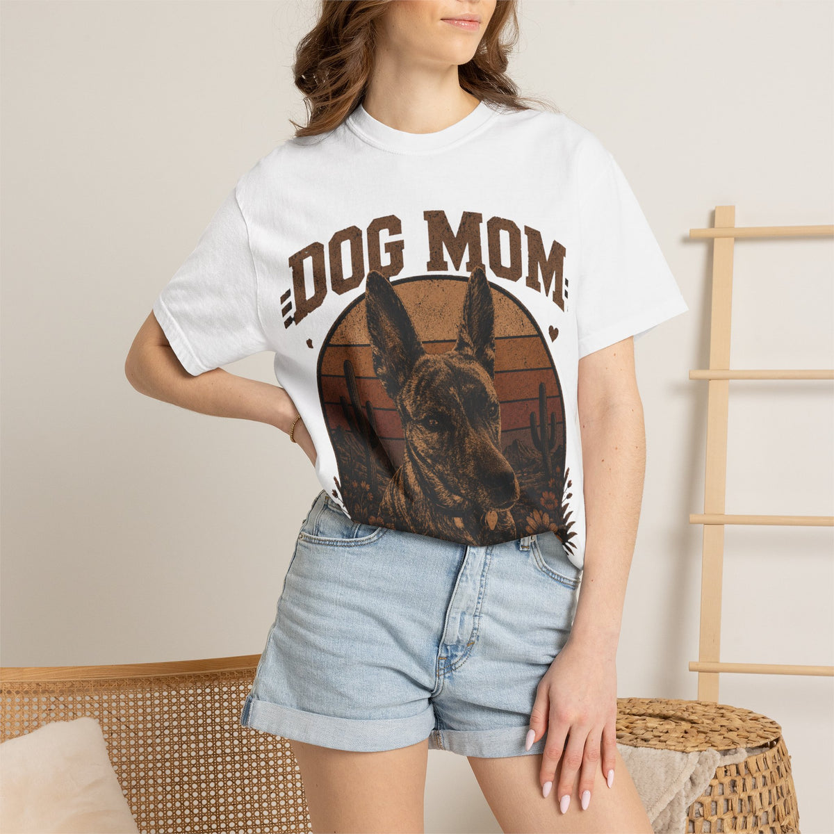 Dog Mom Graphic T-shirt | Desert Sunset Shepherd, Floral Paw Design
