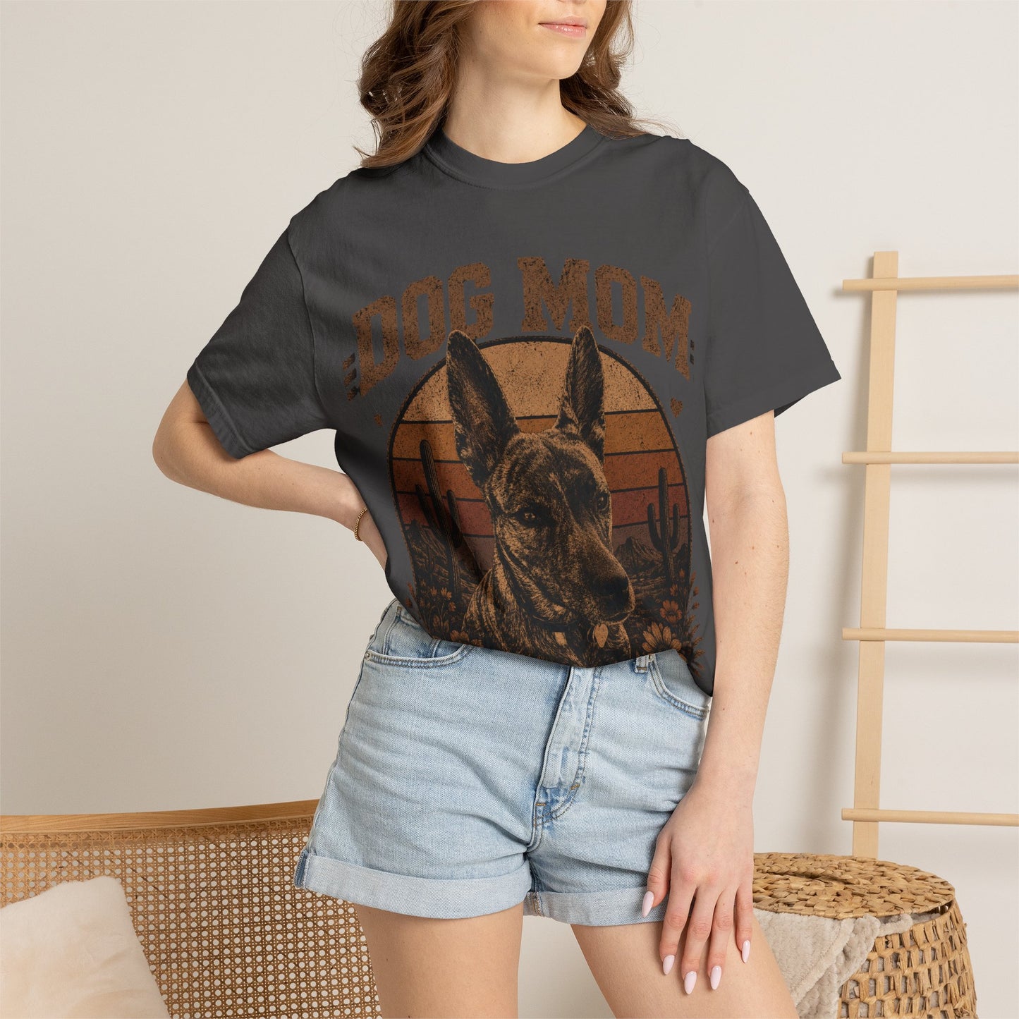 Dog Mom Graphic T-shirt | Desert Sunset Shepherd, Floral Paw Design